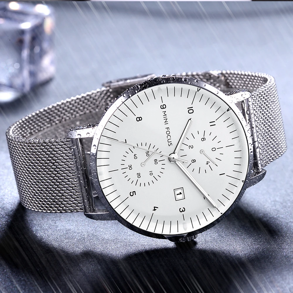 Часы наручные мужские MINI FOCUS s брендовые Роскошные Серебристые Кварцевые