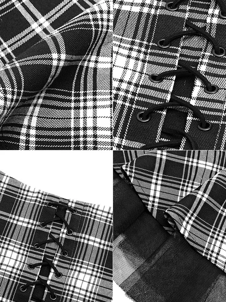 Панк рейв Женская клетчатая юбка с лямками нерегулярная Многослойная сетка