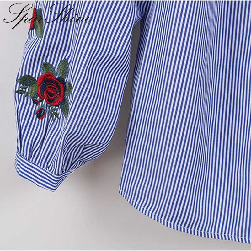 

2020 New Blusas Rose Flower Embroidery Striped Blouses Women Long Sleeve Shirt Casual Cotton Blouses And Tops Work Office Shirts