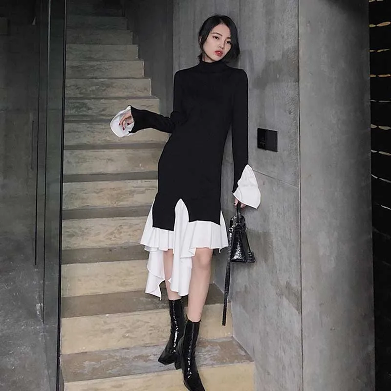 

Woman Fake Two Dress Korean Elegant Knit Dresses 2020 Autumn Winter Fashion Women Irregular Slim Long Sleeve Dress Midi Dress