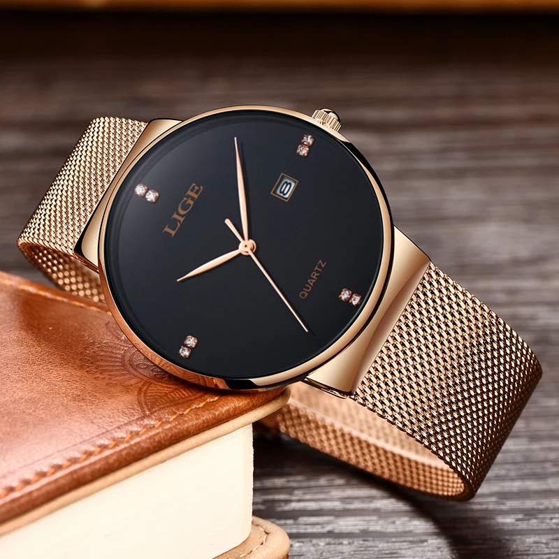Relogio Feminino LIGE Women Watch Rose gold black Quartz Lady Casual Waterproof Simple Ladies watch Womens Wristwatch+Box | Наручные часы