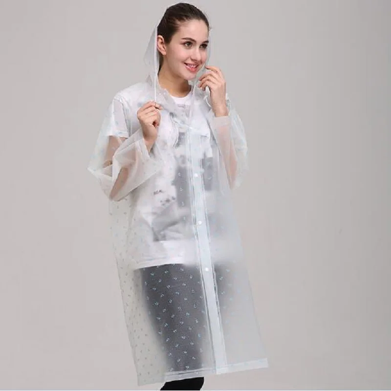 Женский длинный прозрачный дождевик водонепроницаемый с капюшоном из ЭВА