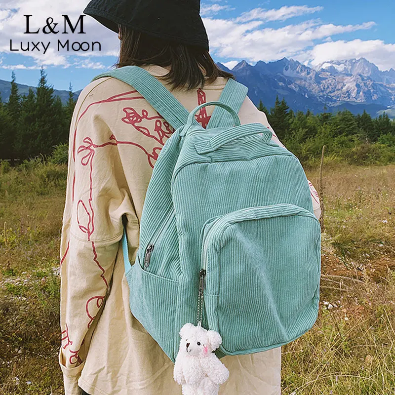 Корейский вельветовый Школьный рюкзак Модный милый с медведем для женщин