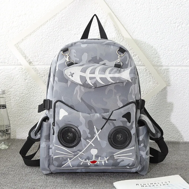 Black Speaker Rucksack Backpack School Bag Waterproof with Bluetooth Audio Gothic Cat Camouflage Large Capacity Unisex | Багаж и сумки