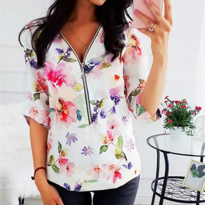 Осенние топы с цветочным принтом Женская Повседневная рубашка на молнии
