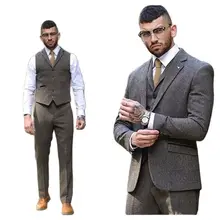 Cinza escuro herringbone tweed ternos masculinos 3 pçs feito sob encomenda magro ajuste blazer calças outono inverno festa vestir homem calças jaqueta colete (3)