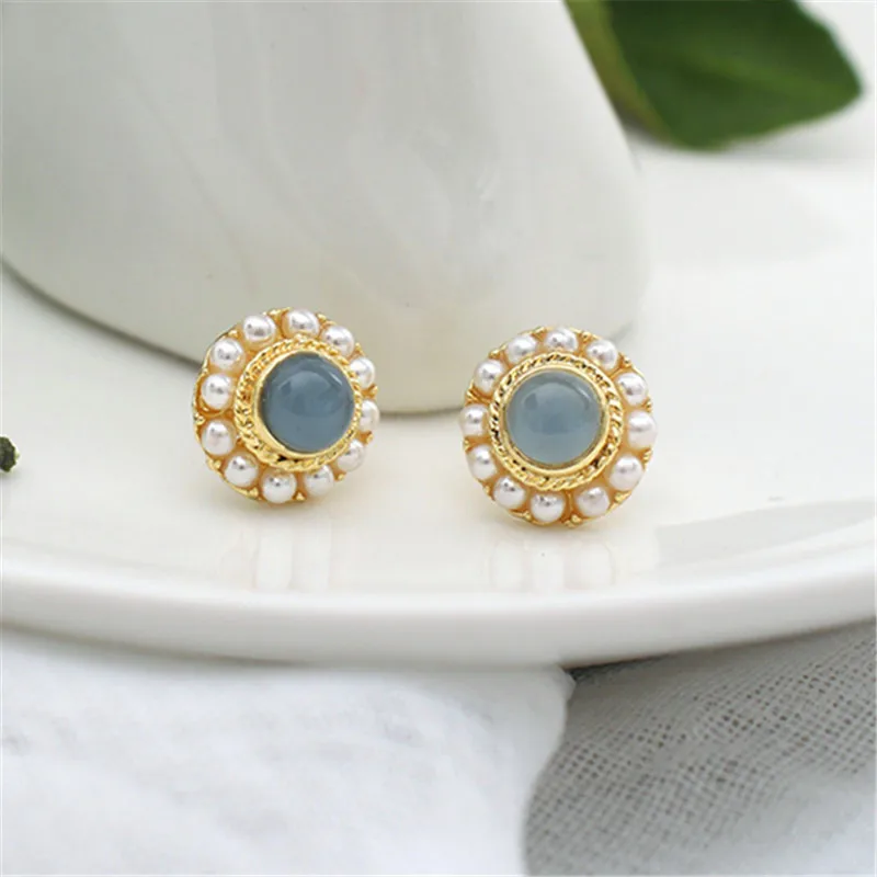 Женские серьги пусеты Винтажные с голубым опалом и жемчугом|Серьги-гвоздики| |