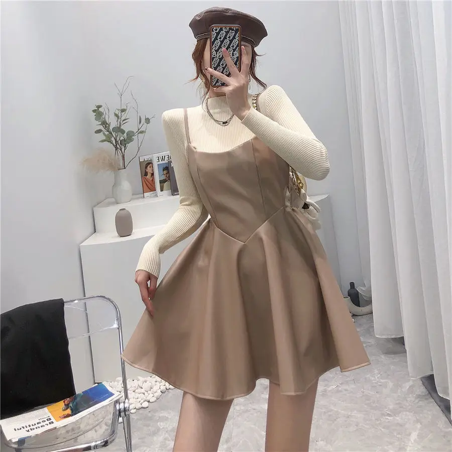 

2022 Nightclub Party Fashion Dress Harajuku Elegant Ladies Hollow Sling Dress Pu Leather French Autumn Winter Waist Puffy