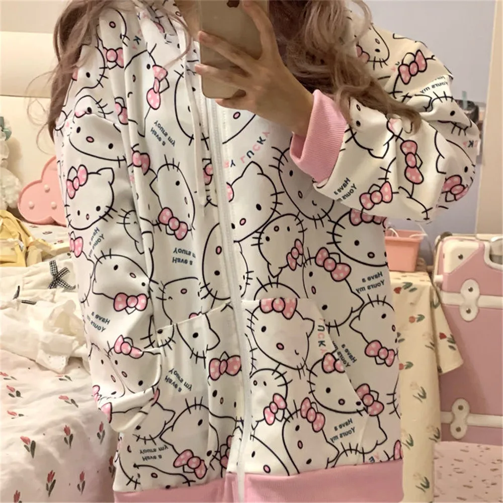 Ulzzang Anime Hoodie Girl Cute Gothic Oversized Tops Female Autumn High Street Sweatshirt Japan Women Kawaii Cat Print Hoodie