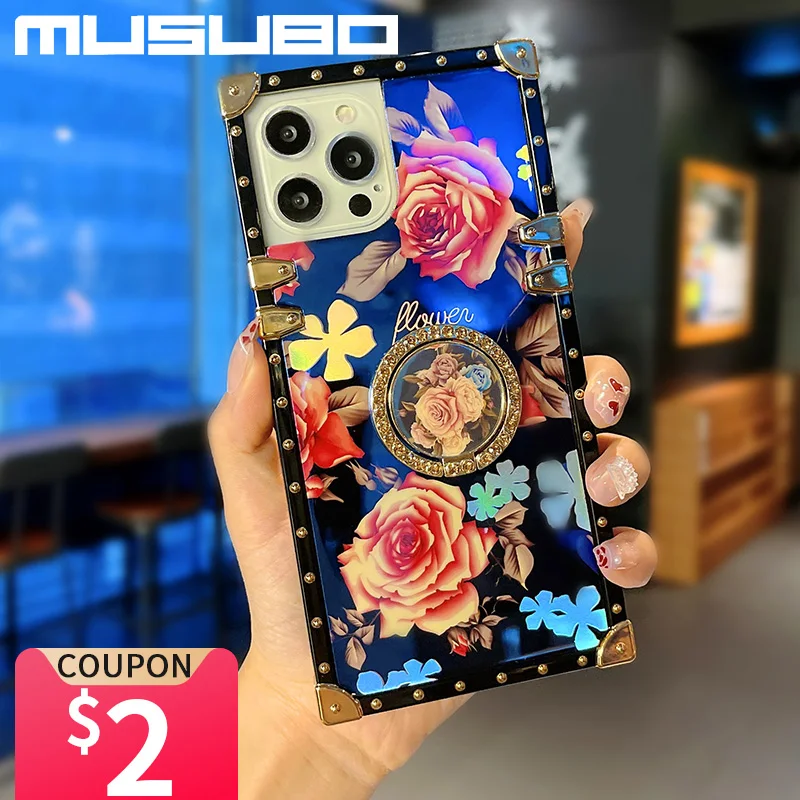 Musubo Luxury Flowers Case For iPhone 14 13 Pro Max 12 Mas 11 XR Fundas Lanyard Cover For iPhone Xs X 8 Plus 7 Laser Coque Capa
