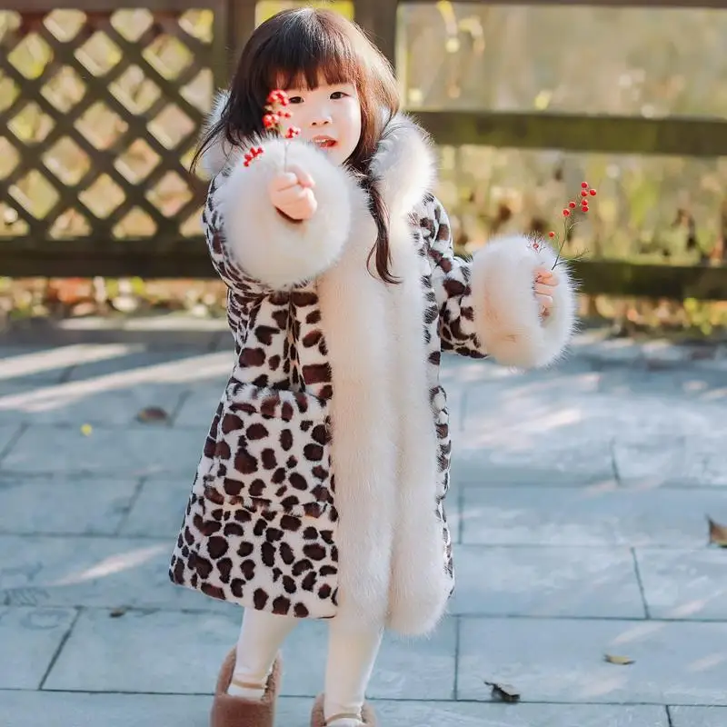 

Faux abbit Fur Fashion Leopard Winter Baby Girl Fur Coat Long Hooded Jacket Parka Children Faux Thicken Coats Kids Plus Size