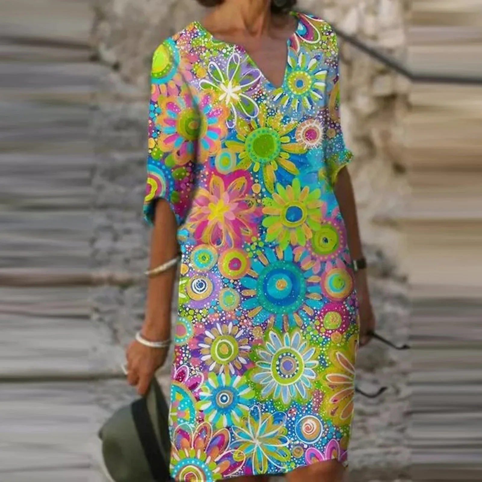 

F# Vintage Straight Summer Dress Floral Printed Half Sleeve Tie-dye V-neck Bodycon High Waist Dress 2021 Knee Length Dresses