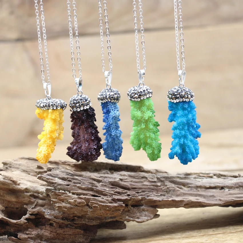 

Natural Stone Coral Irregular Coral branch Inlay Diamond Pendant Silver Plated Chain Charms Raw Gemstone Jewelry Necklace,QC3177