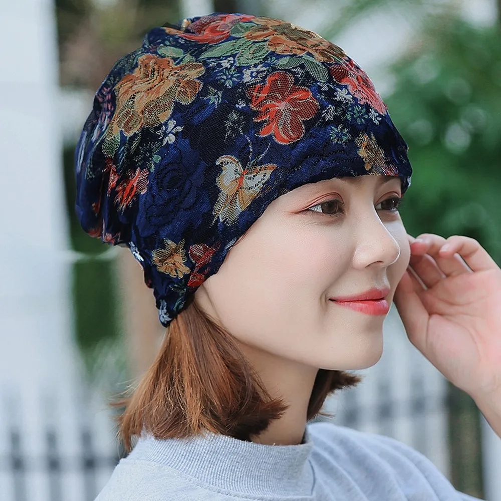

Spring Summer Beanies For Women India Muslim Stretch Turban Hat Caps Lace Hair Print Loss Head Scarf Wrap Шапка Женская #W3
