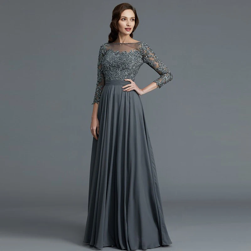 

Gray Mother Of The Bride Dresses A-line Scoop 3/4 Sleeves Chiffon Appliques Beaded Long Groom Mother Dresses For Weddings