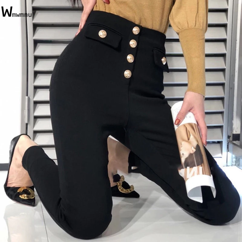 

Korean Style Stretch Denim Pencil Pants Casual Stretch Jeans Female Button Solid Elastic High Waist Skinny Mom Pants Women 3xl