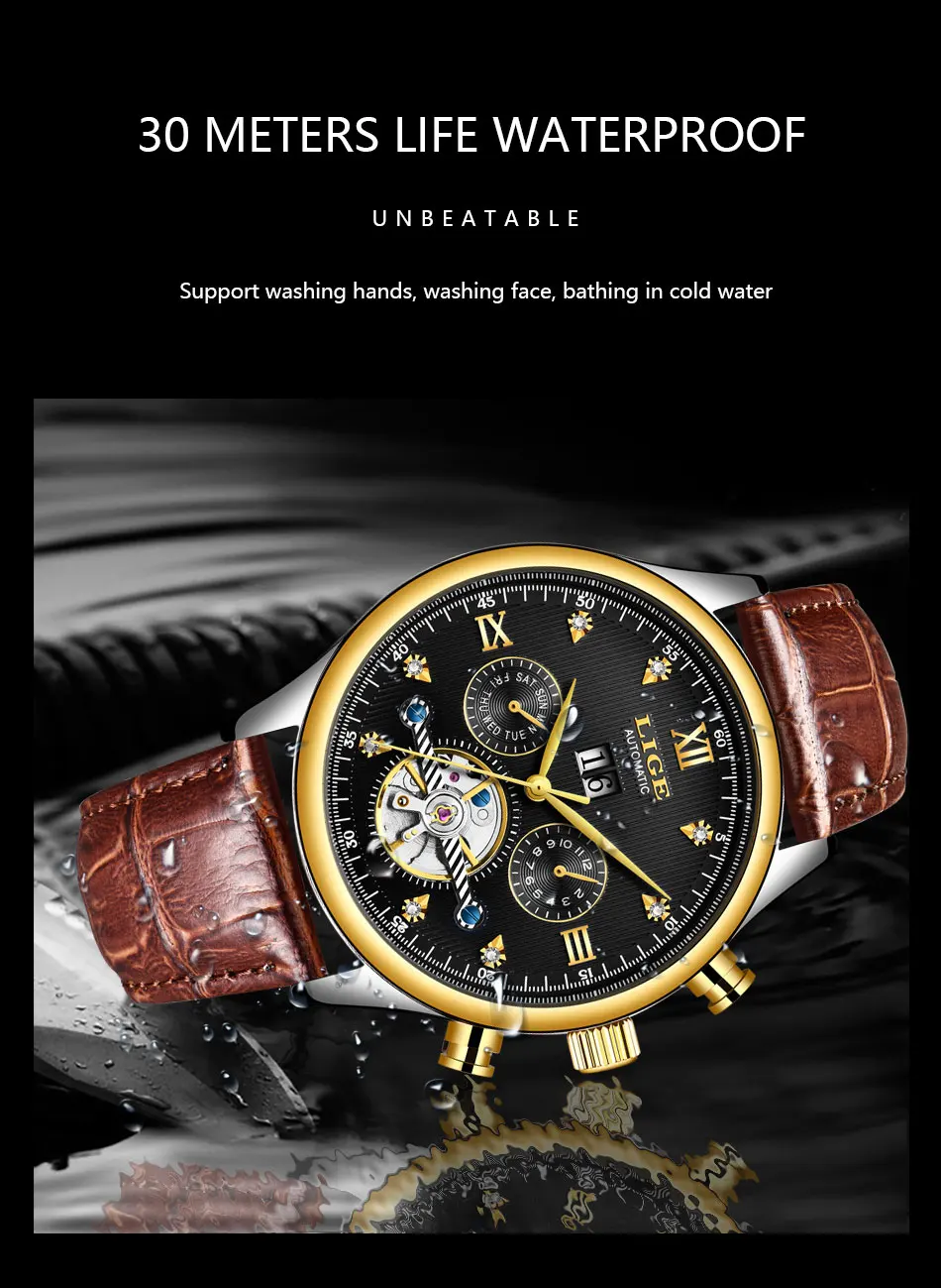 LIGE Брендовые мужские часы автоматические механические часы Tourbillon спортивные часы кожаные повседневные деловые часы в ретро-стиле Relojes Hombre
