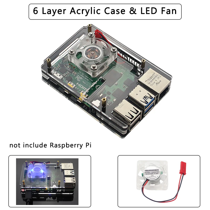 Акриловый чехол Raspberry Pi 4 6 слоев прозрачный корпус синий светодиодный вентилятор