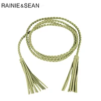 rainie sean braided leather women belt thin tassel ladies belts for dresses candy color 2022 summer lace up green belt women