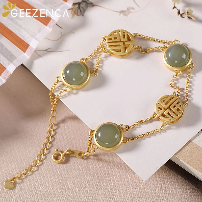 925 Sterling Silver Bracelet Hetian Jade Chinese Characters Gold-plated Bracelets Bangles Fine Jewelry for Women Ethnic Vintage