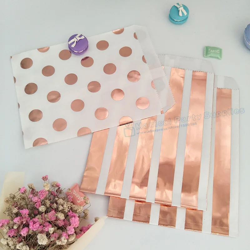 500pcs Assorted Rose Gold Metallic Paper Bags 5 x 7.5 Inch Flat Kraft Paper Foil Rose Polka Dots Stripes Wedding Candy Buffets
