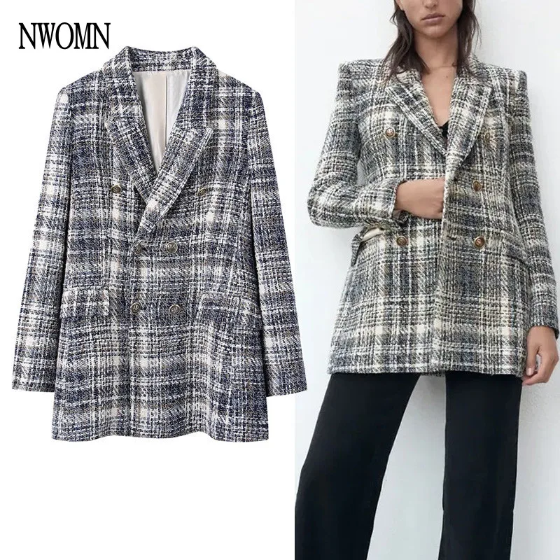 

Женский твидовый блейзер в клетку, с длинным рукавом