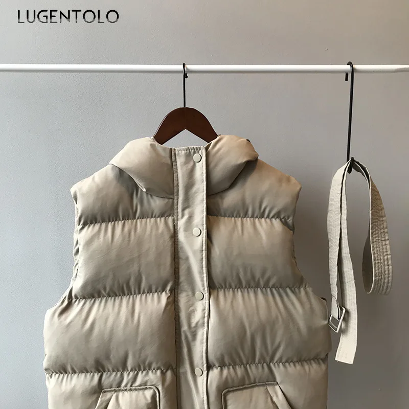 Lugentolo, женский теплый жилет, новая Корейская версия, Осень-зима, с капюшоном, свободный пояс, молния, кнопка, карман, Повседневный, модный, простой жилет