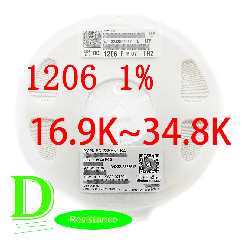 

100PCS SMD Резистор серии RC 1206 1% оригинальный RC1206FR-07 серии 16,9 k-34,8 k Все резисторы 18k 20k 22k 24k 27K 30K 33K