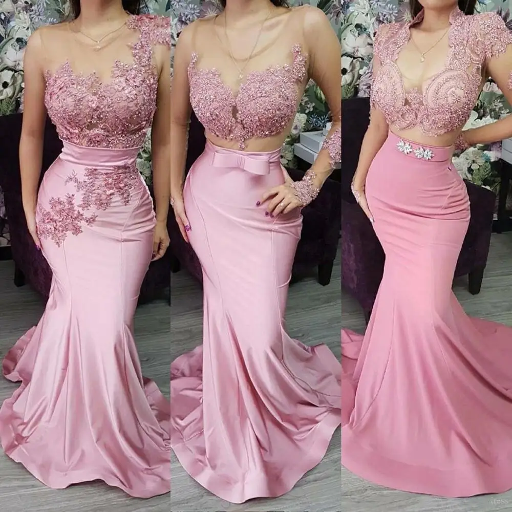 

Blush Pink Bridesmaid Dress Mermaid Lace Bead Illusion Neck New Satin Long Sleeve Bow Wedding Guests Party Formal Prom Gown 2021