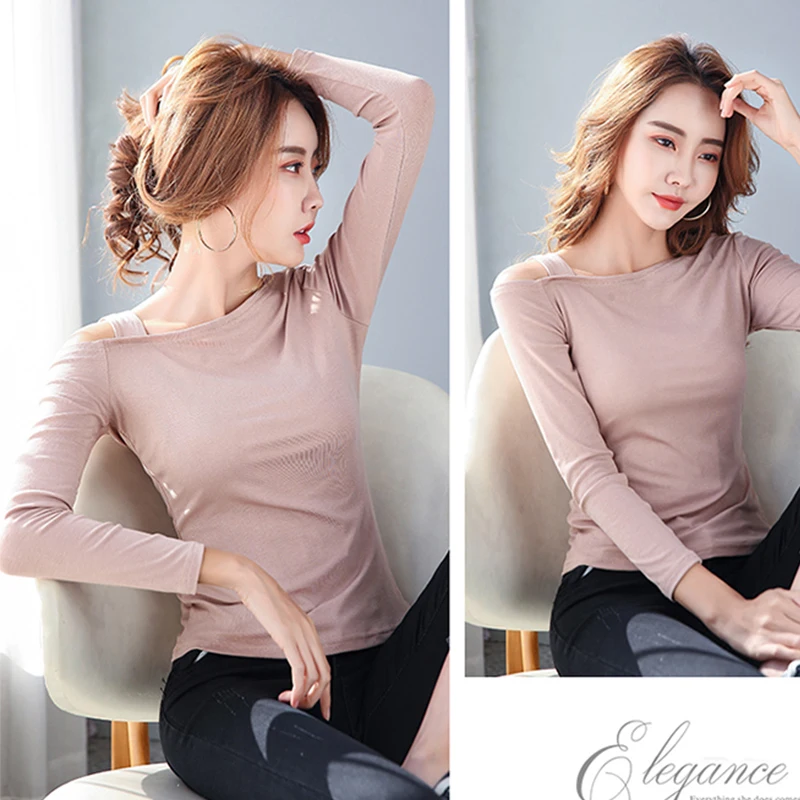 

Korean Style Tshirts Sexy Off Shoulder T-shirts Women Long Sleeve Shirt Black T Shirt Chemise Femme