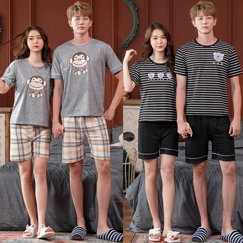 

2021 Women Pajamas Summer Short Sleeves Wear Thin Cartoon Sleepwear women Cute Pijamas Nightie Home Suit Wear Men's Pajamas Suit