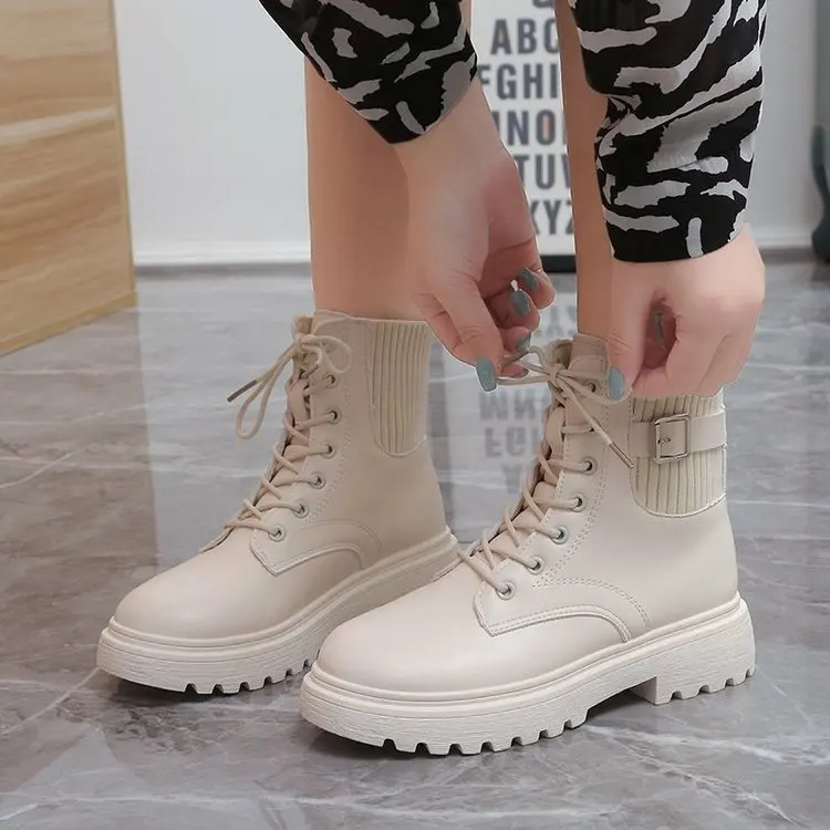 

Женские ботильоны из искусственной кожи, ботинки на шнуровке с круглым носком, модные мотоциклетные ботинки на платформе, белые черные, Осе...