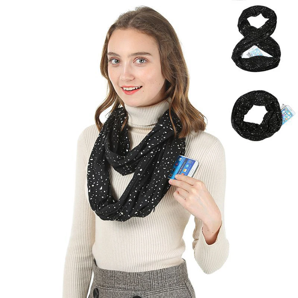 

Женский шарф на молнии с принтом и блестками, карманный шарф на осень и зиму, Женский Повседневный модный шифоновый шарф, фуляр