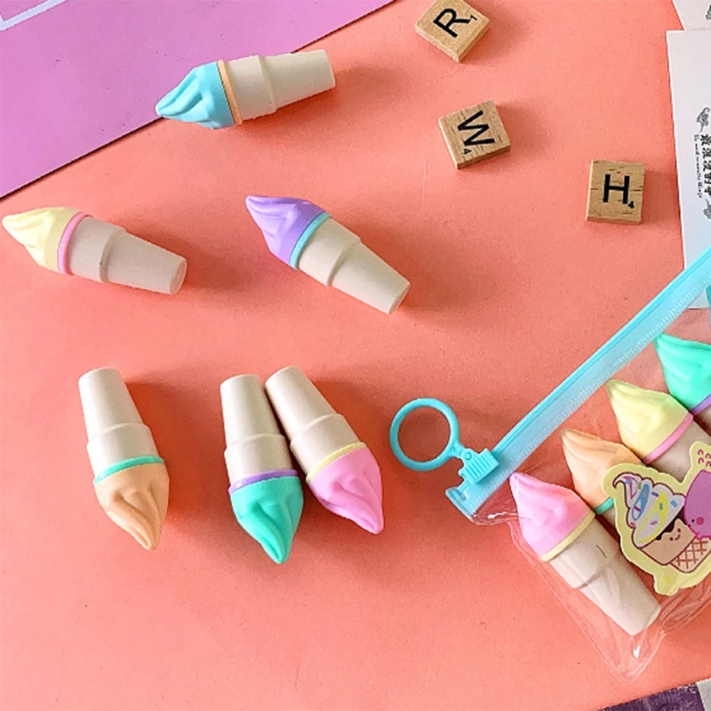 

24BB 6pcs Cute Mini Highlighter Pen Kawaii Cartoon Ice Cream Shape Fluorescent Marker Pens School Office Stationery