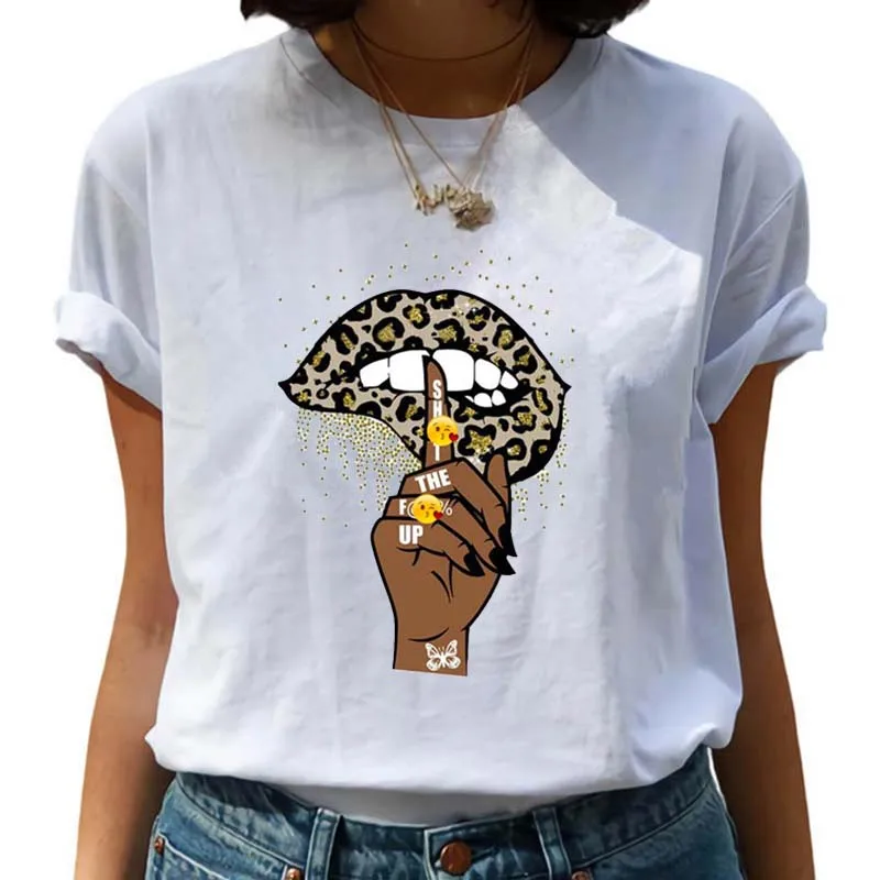 2021 New Leopard Lips Women T Shirt Vogue Graphic Tops Base O-neck Sexy Tees Kiss Lip Funny Whisper Words Girls Tshirts | Женская одежда