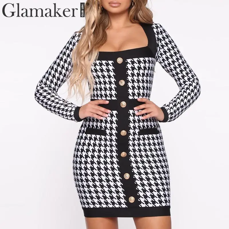 Женское облегающее платье в клетку Glamaker Клубное с длинным рукавом и квадратным