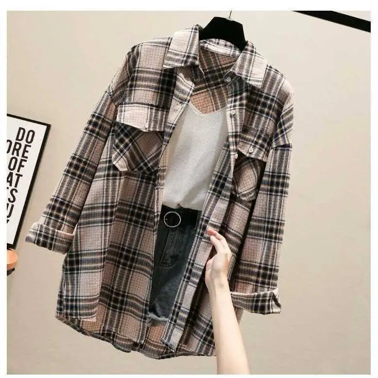 Рубашка женская в клетку с длинным рукавом Свободное пальто большие размеры