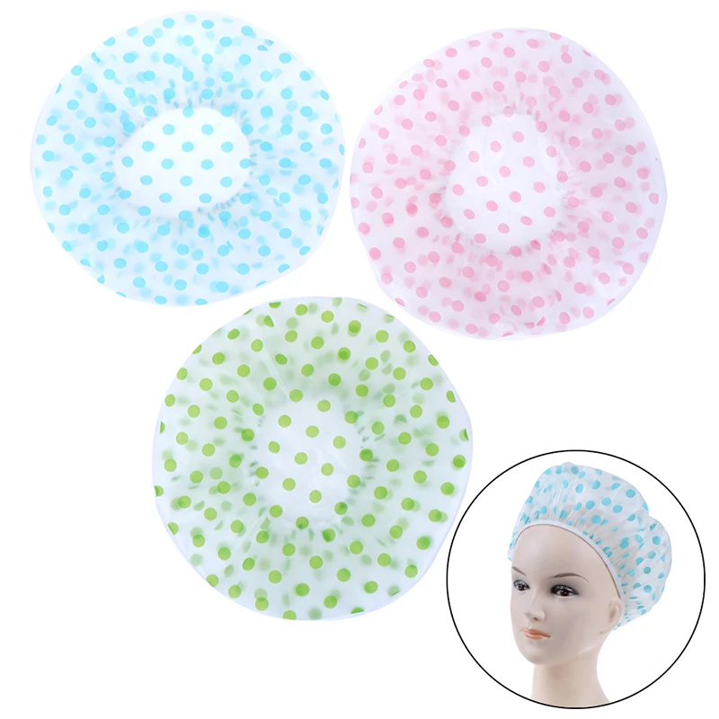 

1PCS Hair Salon Dot Waterproof Shower Cap Thicken Elastic Bath Hat Bathing Cap For Women Bathroom Products 3 Color