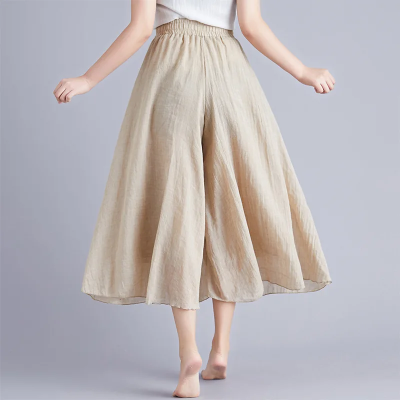

Solid Women Wide Leg Skirt Pants Capris Spring Summer High Waist Ankle Length Pants Cotton Linen Plain 2021 Plus Size Culottes