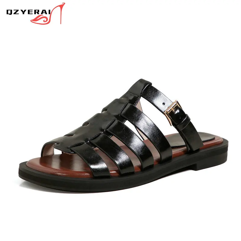 

2021 Summer Genuine Leather Women Slippers Fashion Roman Sandals Beach Shoes