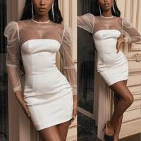 skmy club outfits for women long sleeve dress 2021 winter new sexy mesh stitching round neck bodycon mini dress white color