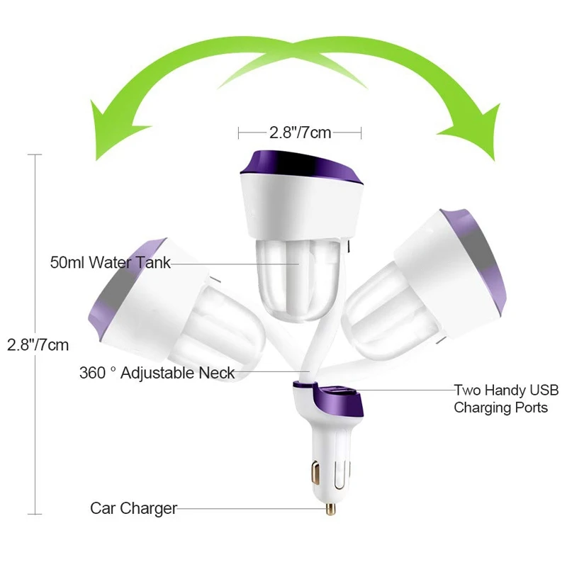 Автомобильный увлажнитель с адаптер зарядного устройства двойным USB портативный