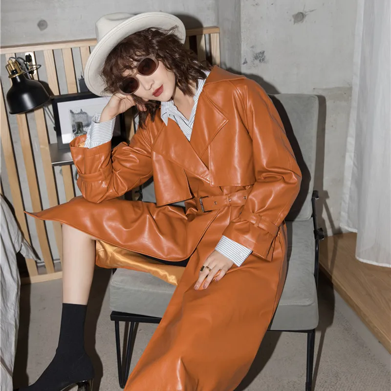 Осень 2020 модная новинка пальто из искусственной кожи женское приталенное с