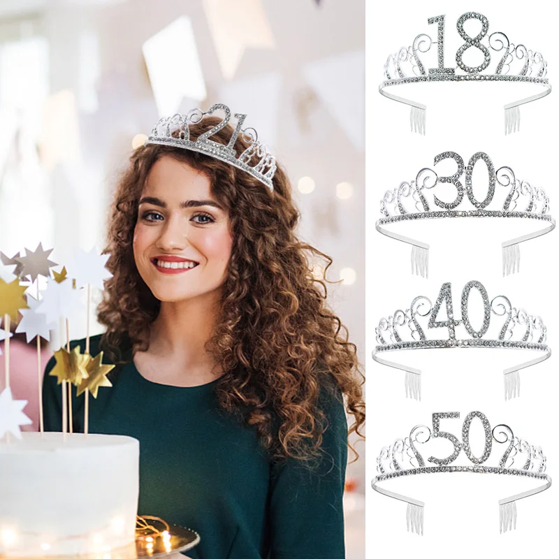

1pc Women Birthday Crown Silver Rhinestone Tiara Crown Headband for 18 21 30 40 50 Year Old Birthday Decoration Hair Accessories