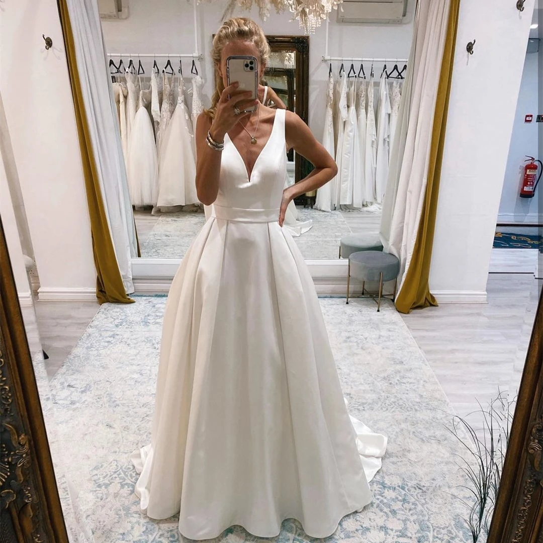 

Wedding Dress A-Line Satin Simple Cheap Sleeveless For Women V-Neck Robe De Mariee Elegant With Belt Design For Custom Made