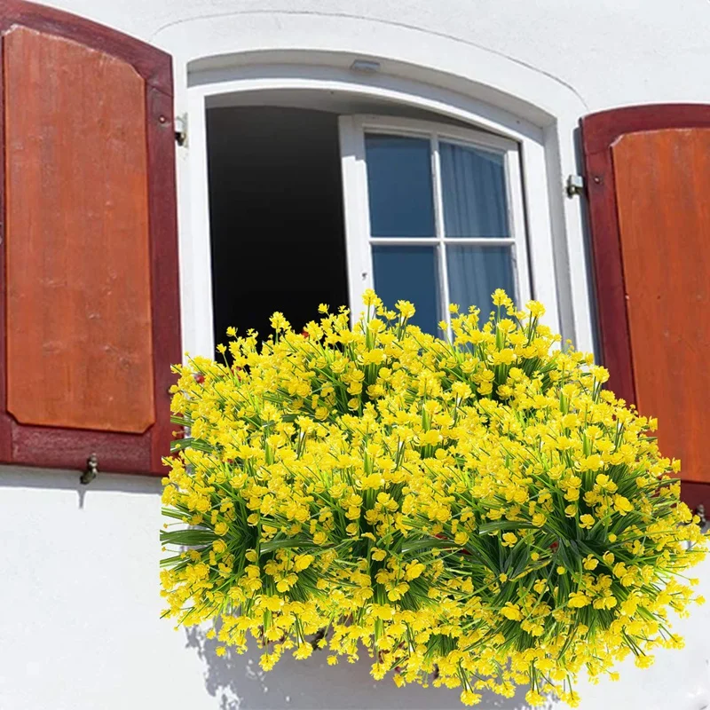 Yellow Лидер продаж, 8 шт., искусственные цветы, уличные УФ-устойчивые растения, 8 ветвей, искусственная пластиковая зелень, кустарники, растения, для помещений, снаружи, висят - Цвет: Yellow