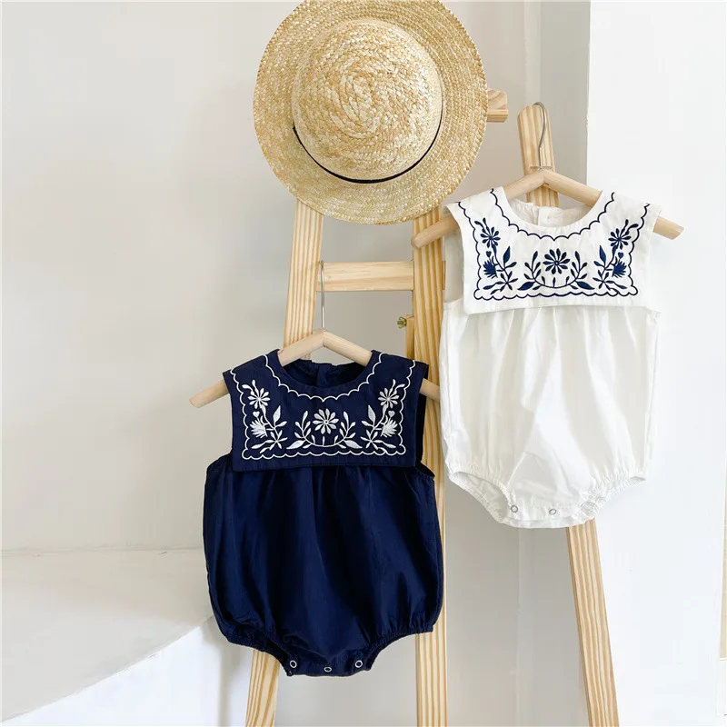

2021 Newborn Infant Baby Boy Girl Fashion Navy Collar Flower Embroidery Sleeveless Bodysuit Kid Cotton Casual Thin Bodysuits