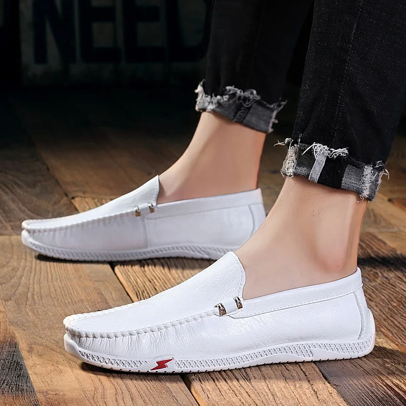 

Classic Comfortable Mens Driving Shoes Loafers Slip On Man Shoes Quality Leather Shoes Men Flats Hot Sale Casual Moccasins White