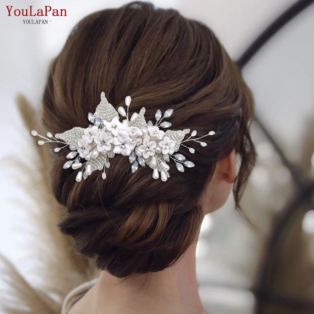 

YouLaPan HP338 Soft Clay Flower Bridal Hair Comb Classic Milk Rhinestone Headwear Pearl Tiara Wedding Hair Jewelry Accessories