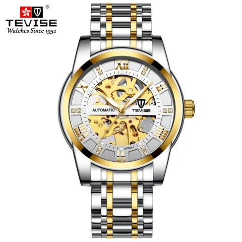 Мужские механические часы TEVISE 2020, роскошные часы-скелетоны из нержавеющей стали с римскими цифрами черного и золотого цвета, мужские часы